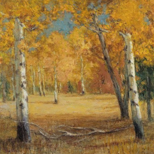 Bert Geer Phillips (July 15, 1868 - June 16, 1956). Founding member of the Taos Society of Artists. Title is Autumn Glade. 18" by 20", framed 23" by 25".