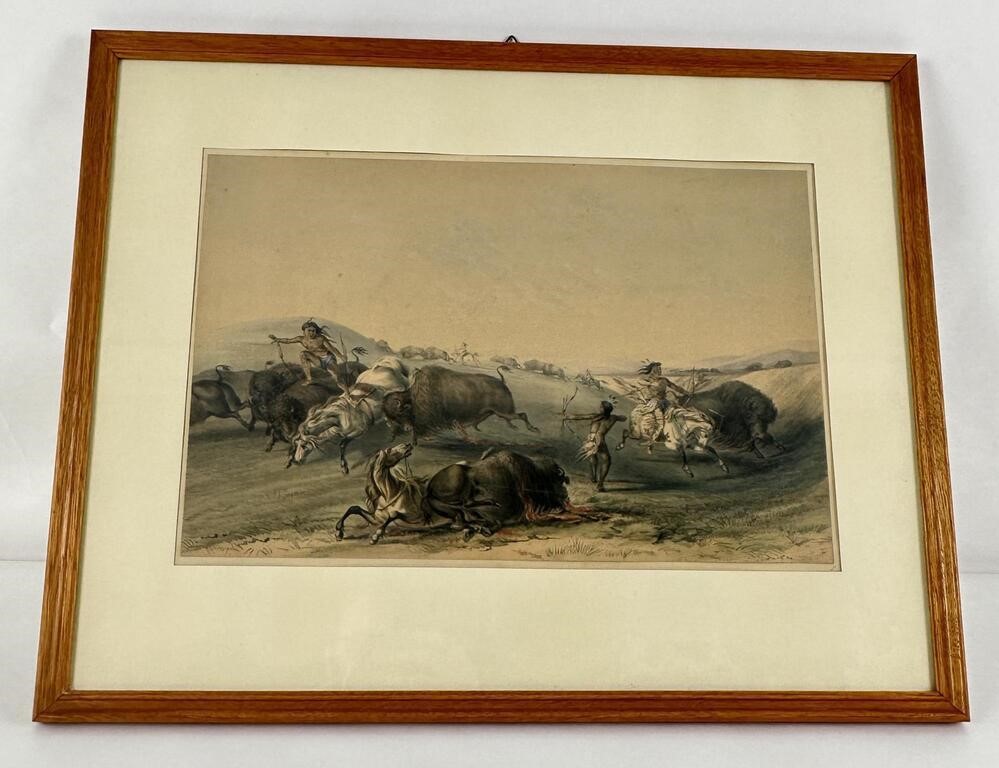 George Catlin Buffalo Hunt Lithograph 1844 1st