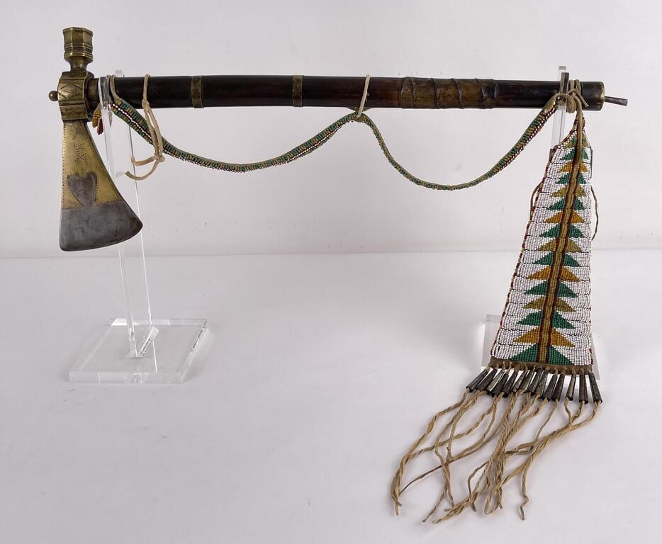 Antique Plains Indian Brass Peace Pipe Tomahawk